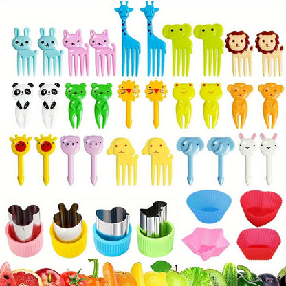 Set of 38 animal mini food picks with cutting tool and silicone lunch box divider - ideal for snacks, cakes, and fruits.