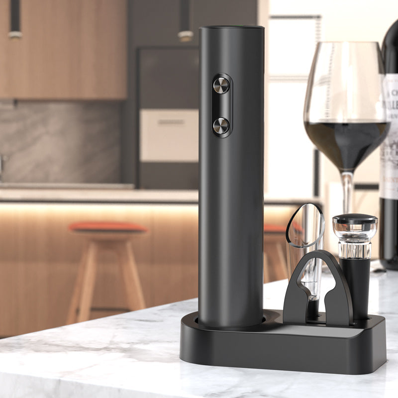 This Electric Wine Bottle Opener Set includes an Aerator, Foil Cutter, Stoppers, and Storage Base. It is powered by dry batteries and requires 4 AAA batteries (not included). This set makes the perfect gift for Mother's Day, Father's Day, or Christmas.