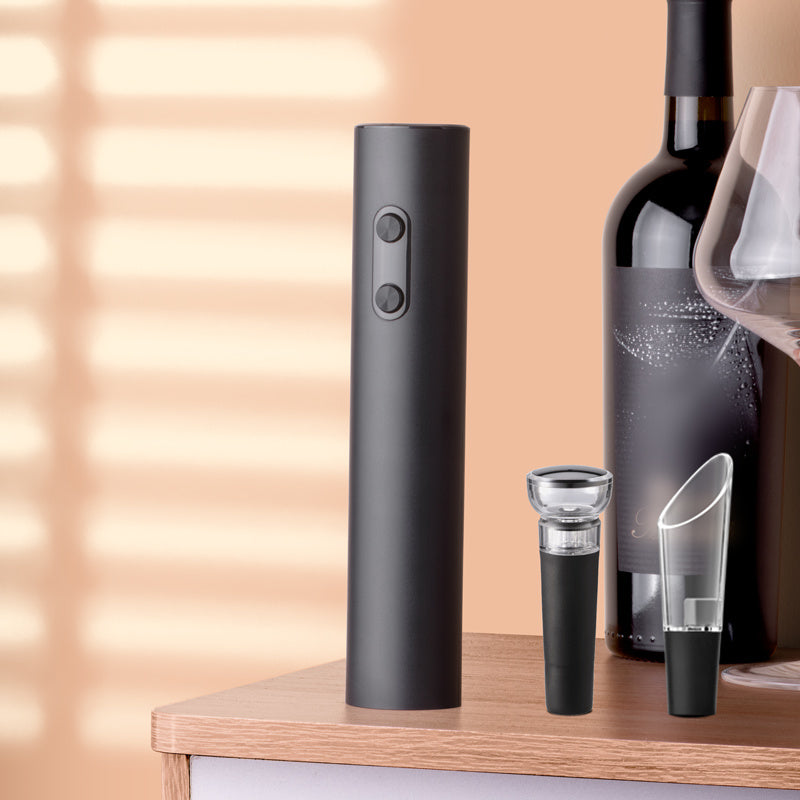 This Electric Wine Bottle Opener Set includes an Aerator, Foil Cutter, Stoppers, and Storage Base. It is powered by dry batteries and requires 4 AAA batteries (not included). This set makes the perfect gift for Mother's Day, Father's Day, or Christmas.