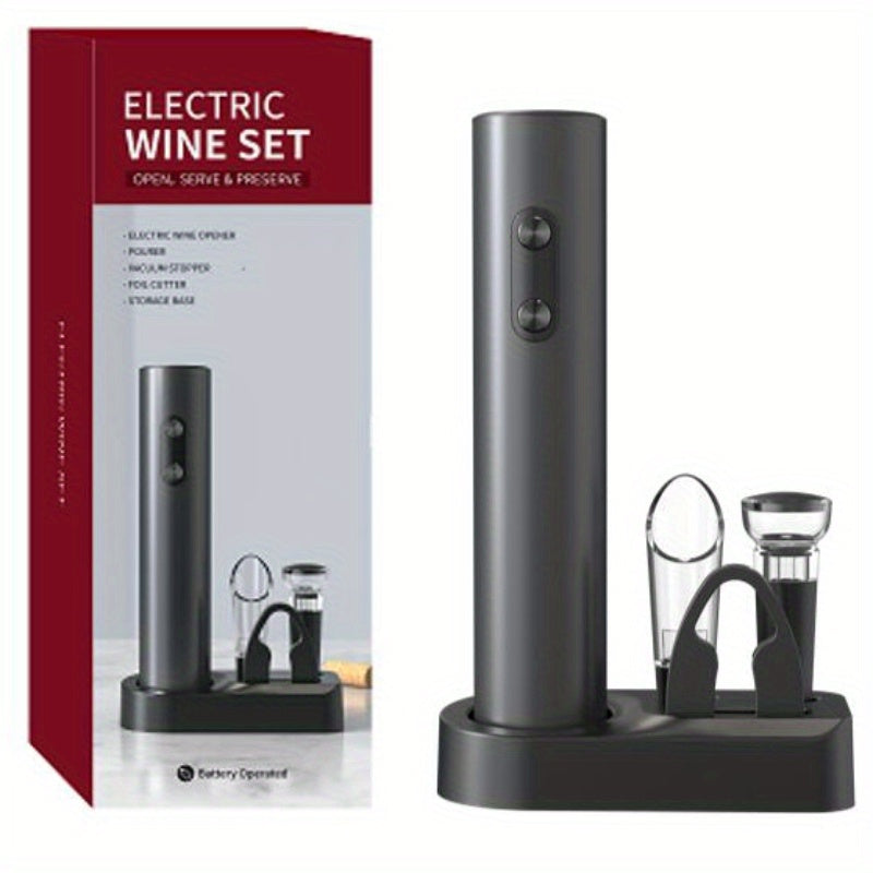 This Electric Wine Bottle Opener Set includes an Aerator, Foil Cutter, Stoppers, and Storage Base. It is powered by dry batteries and requires 4 AAA batteries (not included). This set makes the perfect gift for Mother's Day, Father's Day, or Christmas.