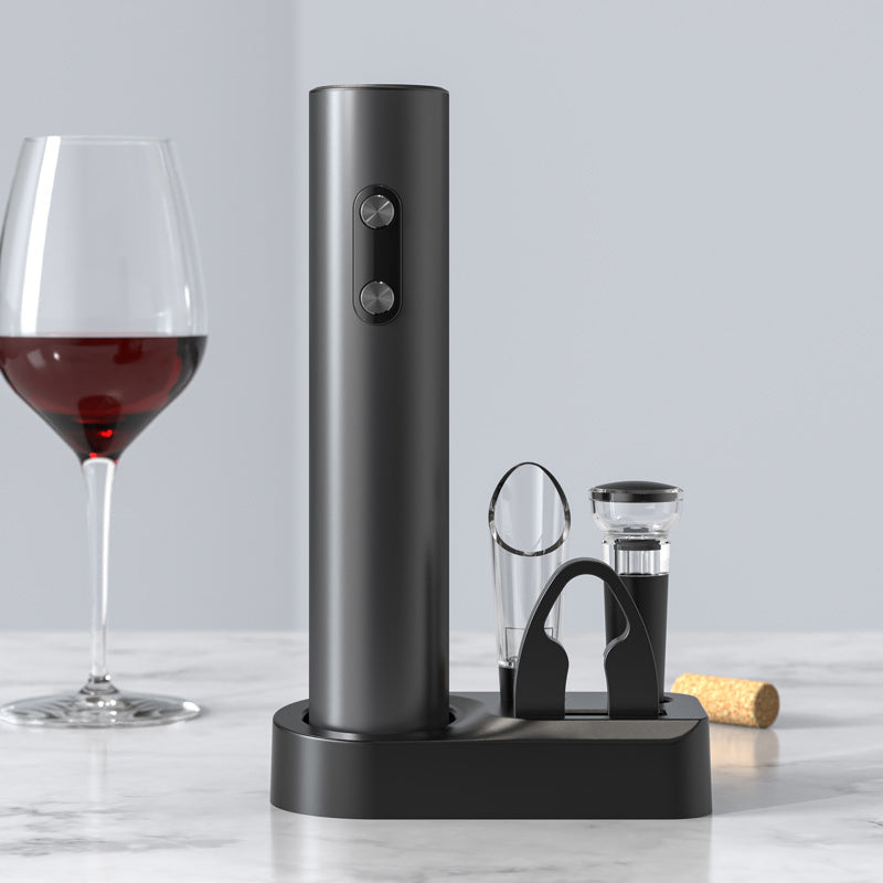 This Electric Wine Bottle Opener Set includes an Aerator, Foil Cutter, Stoppers, and Storage Base. It is powered by dry batteries and requires 4 AAA batteries (not included). This set makes the perfect gift for Mother's Day, Father's Day, or Christmas.