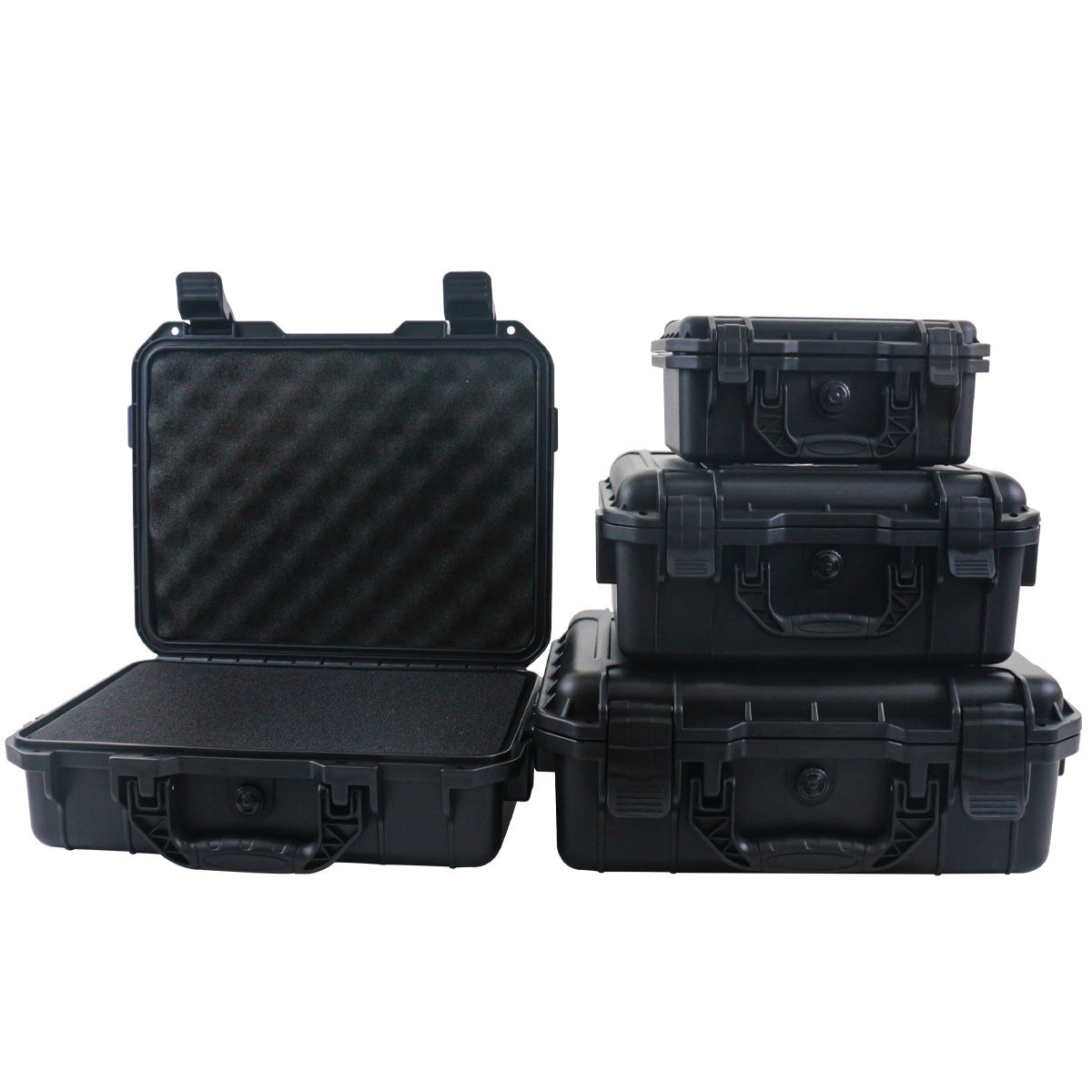 Durable waterproof plastic tool case with pre-cut foam for organizing tools, drones, and accessories.