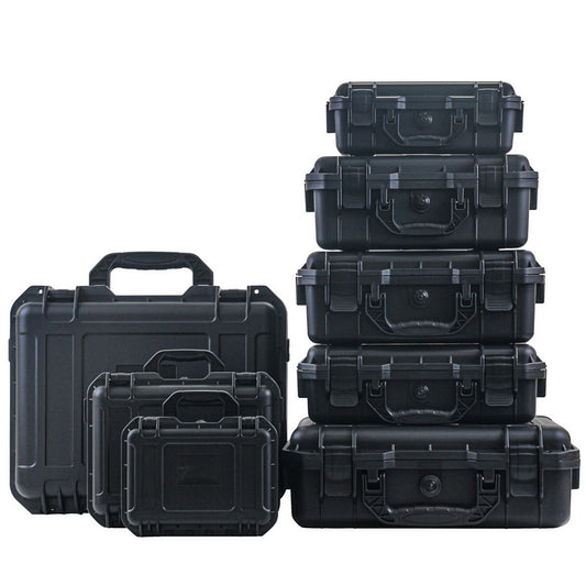 Durable waterproof plastic tool case with pre-cut foam for organizing tools, drones, and accessories.