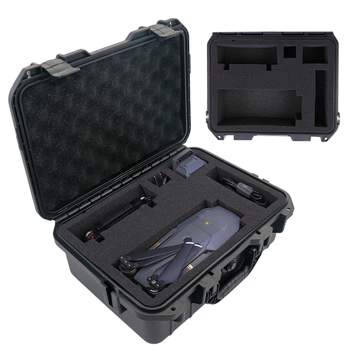 Durable waterproof plastic tool case with pre-cut foam for organizing tools, drones, and accessories.