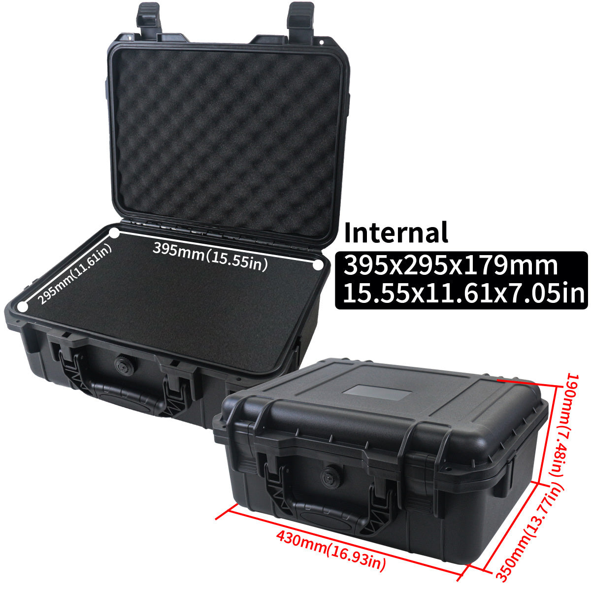 Durable waterproof plastic tool case with pre-cut foam for organizing tools, drones, and accessories.