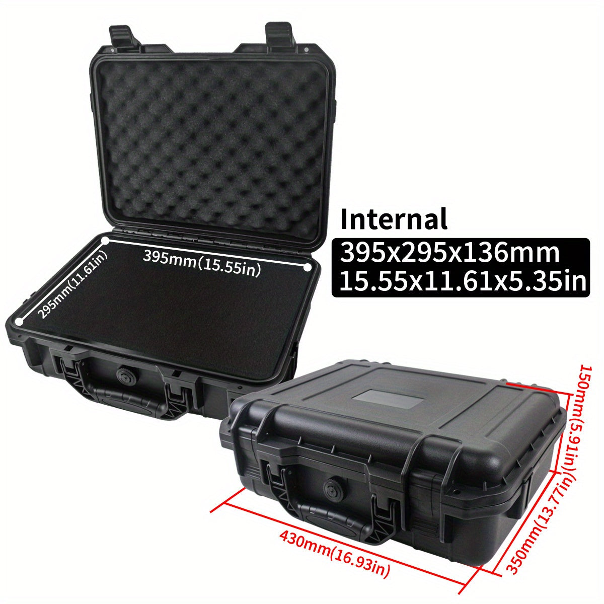 Durable waterproof plastic tool case with pre-cut foam for organizing tools, drones, and accessories.