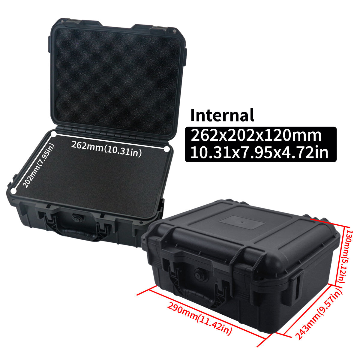 Durable waterproof plastic tool case with pre-cut foam for organizing tools, drones, and accessories.