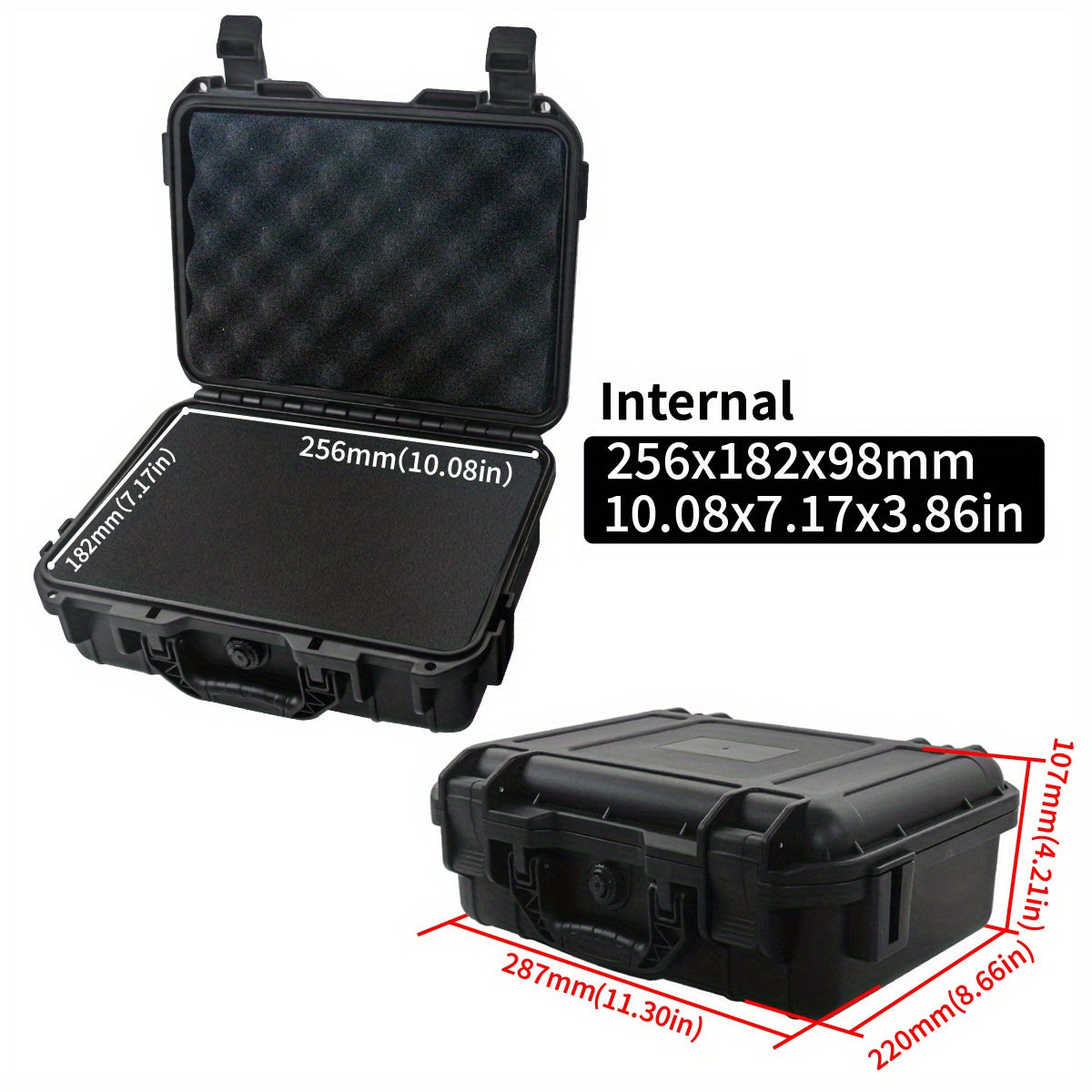 Durable waterproof plastic tool case with pre-cut foam for organizing tools, drones, and accessories.