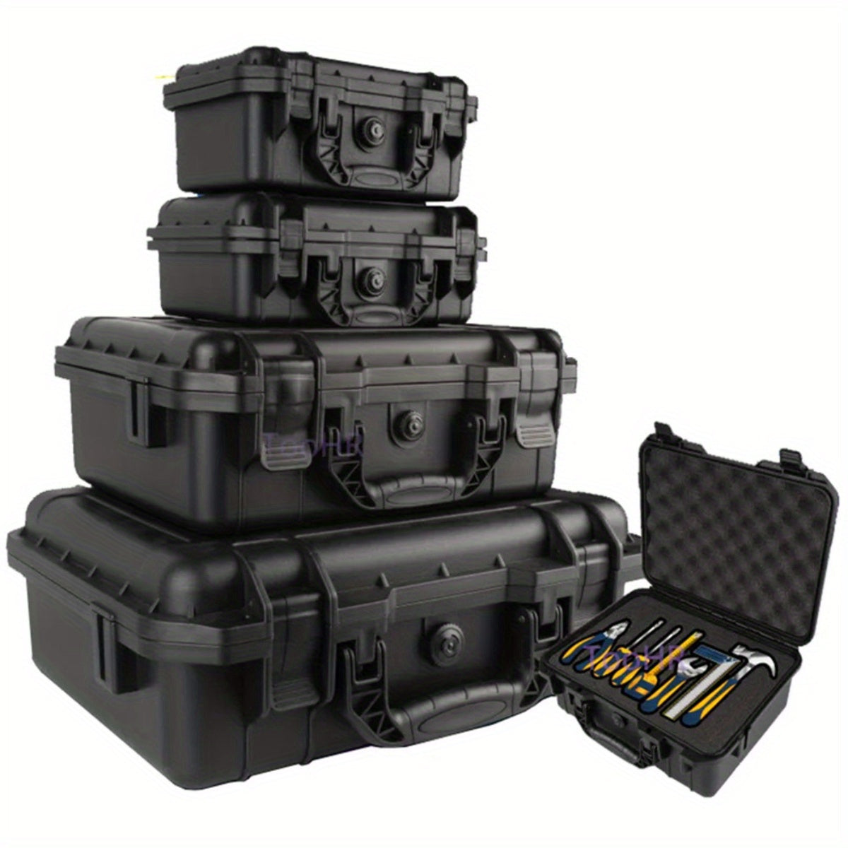 Durable waterproof plastic tool case with pre-cut foam for organizing tools, drones, and accessories.