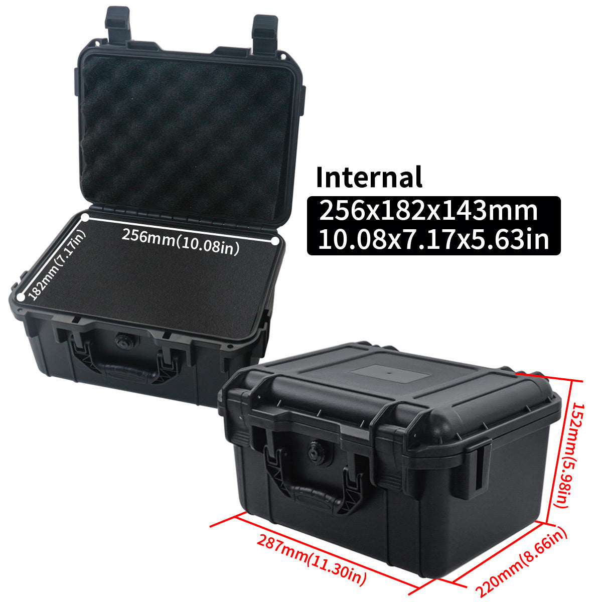 Durable waterproof plastic tool case with pre-cut foam for organizing tools, drones, and accessories.