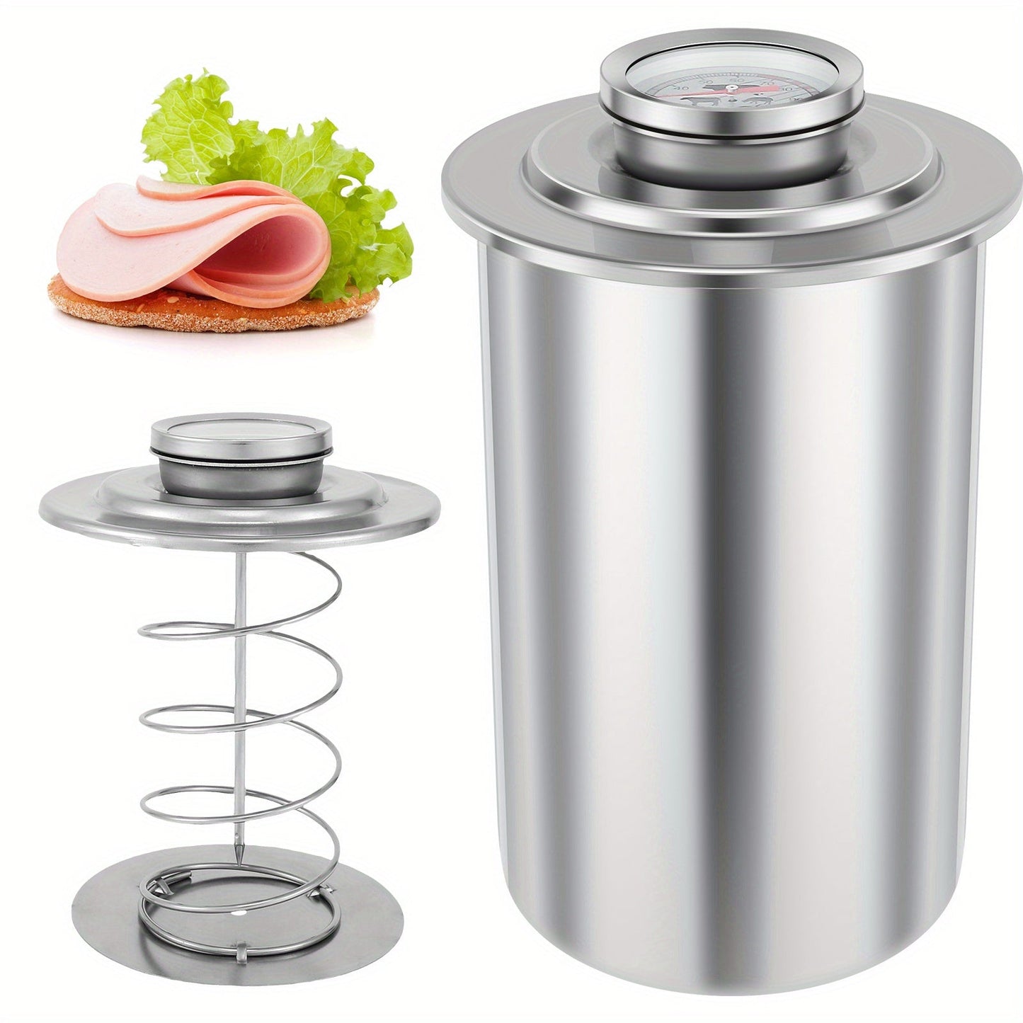 Convenient Stainless Steel Ham Maker with Built-In Thermometer - Ideal for Crafting Deli Meats & Sandwiches at Home, with Spacious Capacity.