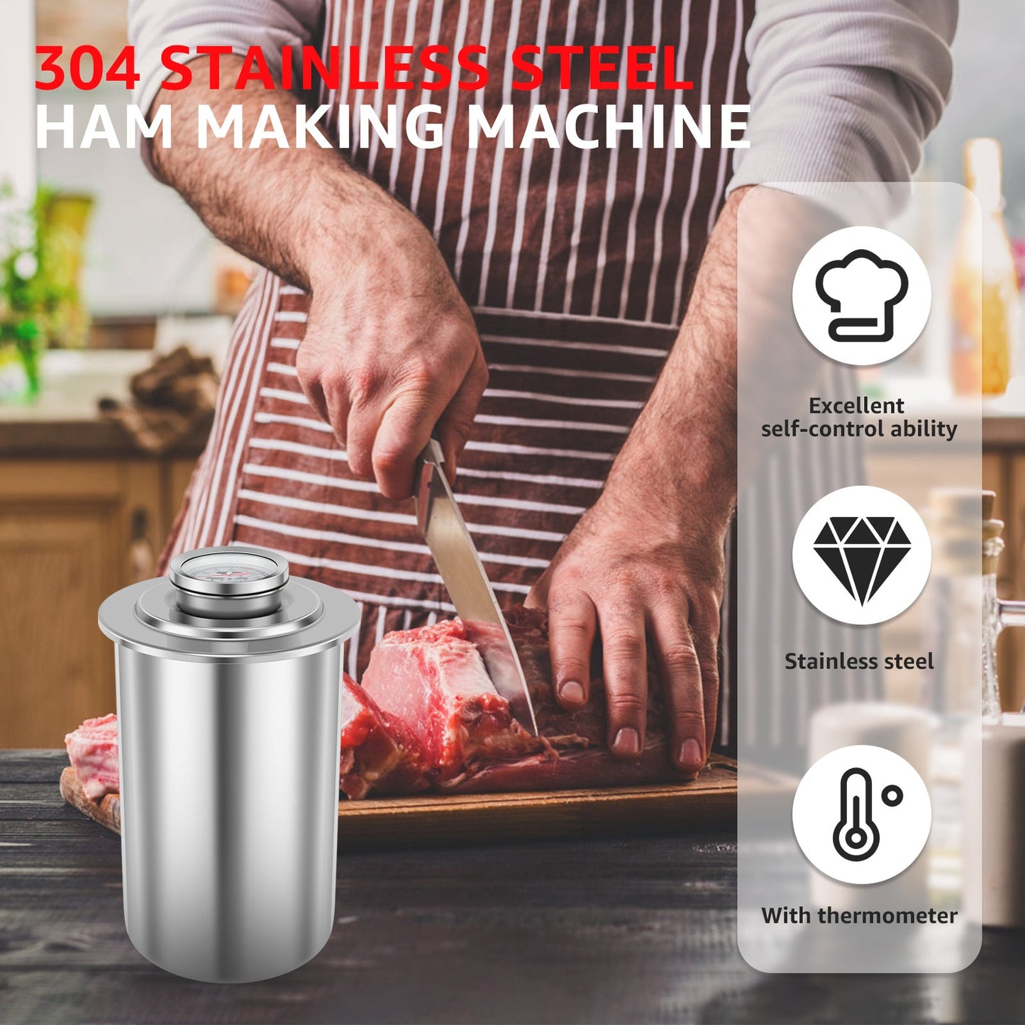 Convenient Stainless Steel Ham Maker with Built-In Thermometer - Ideal for Crafting Deli Meats & Sandwiches at Home, with Spacious Capacity.