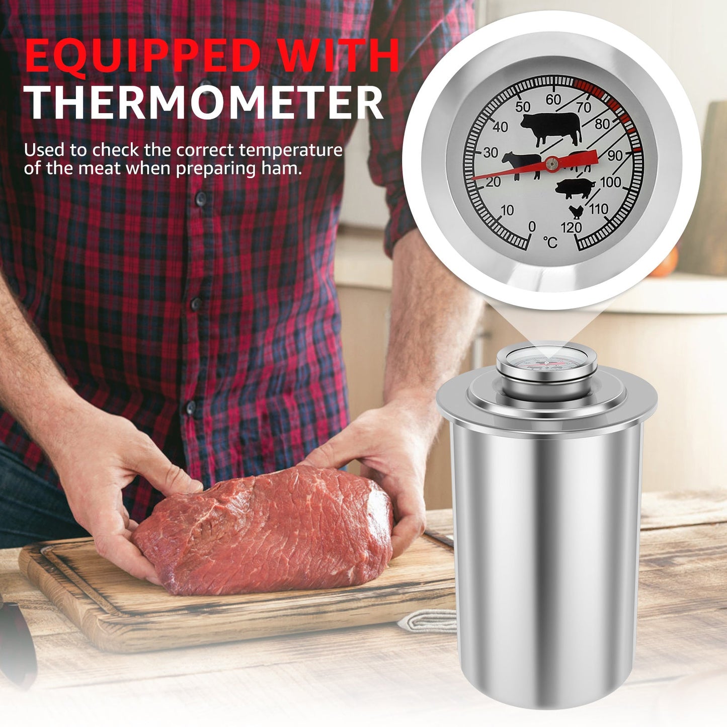 Convenient Stainless Steel Ham Maker with Built-In Thermometer - Ideal for Crafting Deli Meats & Sandwiches at Home, with Spacious Capacity.