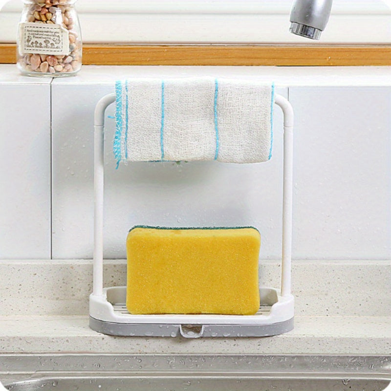 Small kitchen countertop organizer with no-drill sponge and towel holder, dishcloth drain rack for bathroom and kitchen storage. Can also be used as a mini dishcloth hanging rack.