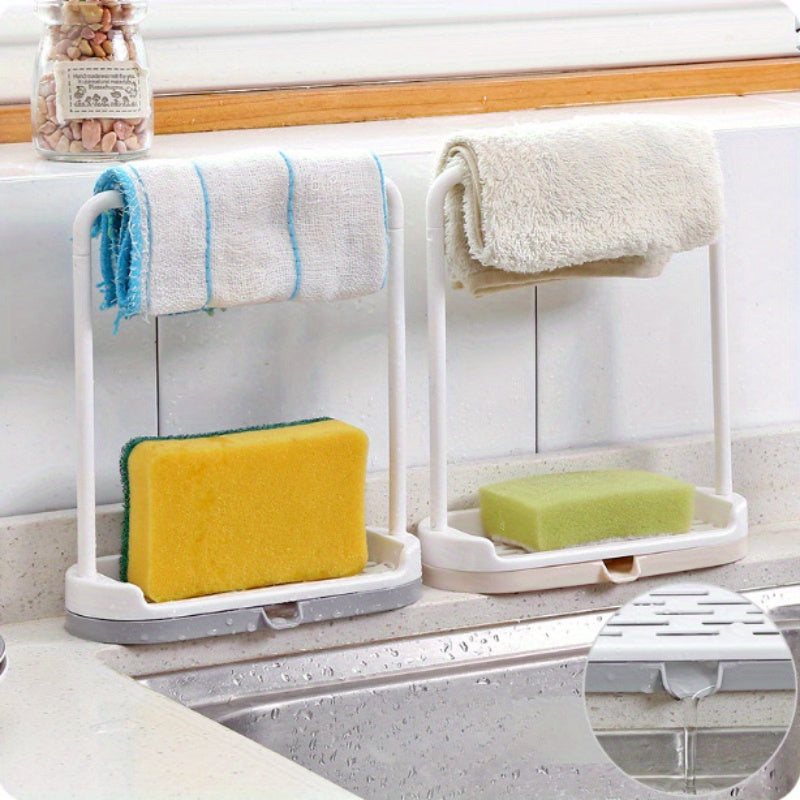 Small kitchen countertop organizer with no-drill sponge and towel holder, dishcloth drain rack for bathroom and kitchen storage. Can also be used as a mini dishcloth hanging rack.