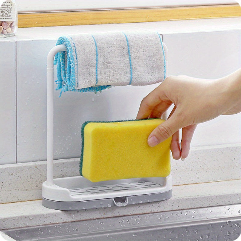 Small kitchen countertop organizer with no-drill sponge and towel holder, dishcloth drain rack for bathroom and kitchen storage. Can also be used as a mini dishcloth hanging rack.