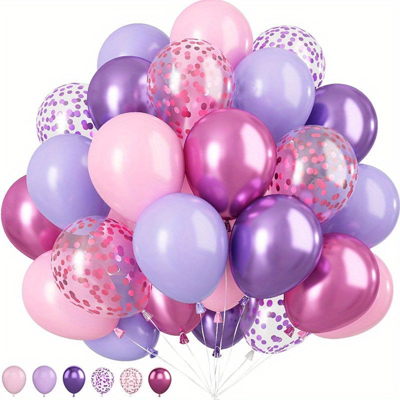 Set of 50 metallic pink and purple macaron balloons and confetti for various parties and celebrations.