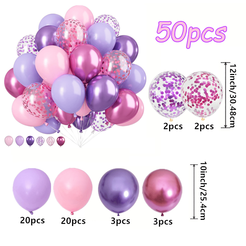 Set of 50 metallic pink and purple macaron balloons and confetti for various parties and celebrations.