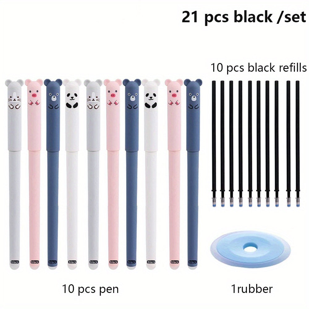 21-piece set of erasable bear animal gel pens with 0.35mm black and blue gel pen refills. Perfect for office supplies.