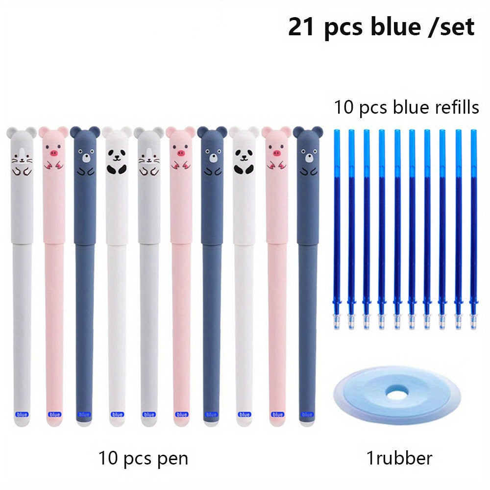 21-piece set of erasable bear animal gel pens with 0.35mm black and blue gel pen refills. Perfect for office supplies.