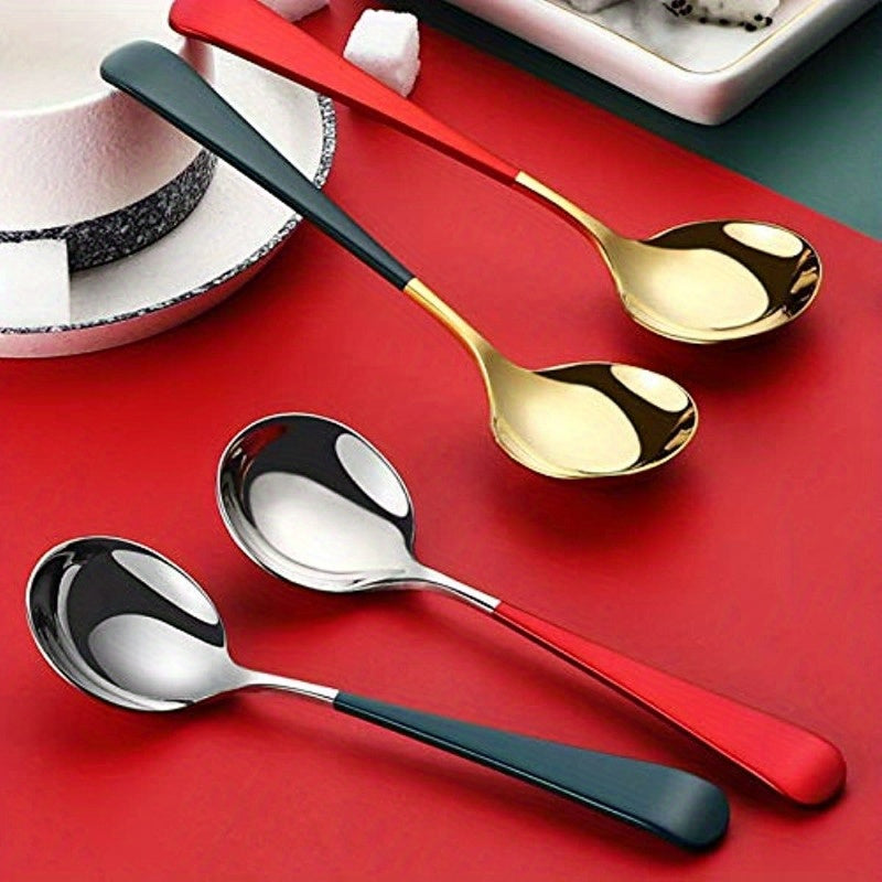 5 Stainless Steel Soup Spoons with Thick Modern Handles for Soup, Cereal, Dessert, Milk, Tea, and Coffee