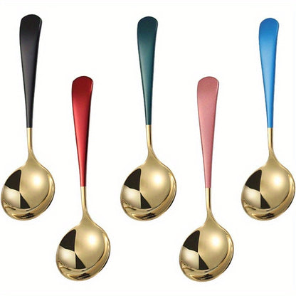 5 Stainless Steel Soup Spoons with Thick Modern Handles for Soup, Cereal, Dessert, Milk, Tea, and Coffee