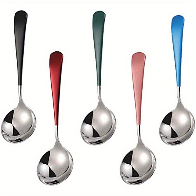 5 Stainless Steel Soup Spoons with Thick Modern Handles for Soup, Cereal, Dessert, Milk, Tea, and Coffee