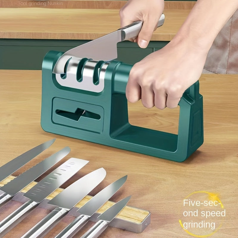 New 4-in-1 diamond knife sharpener for quick, manual sharpening of kitchen knives, scissors, and blades.