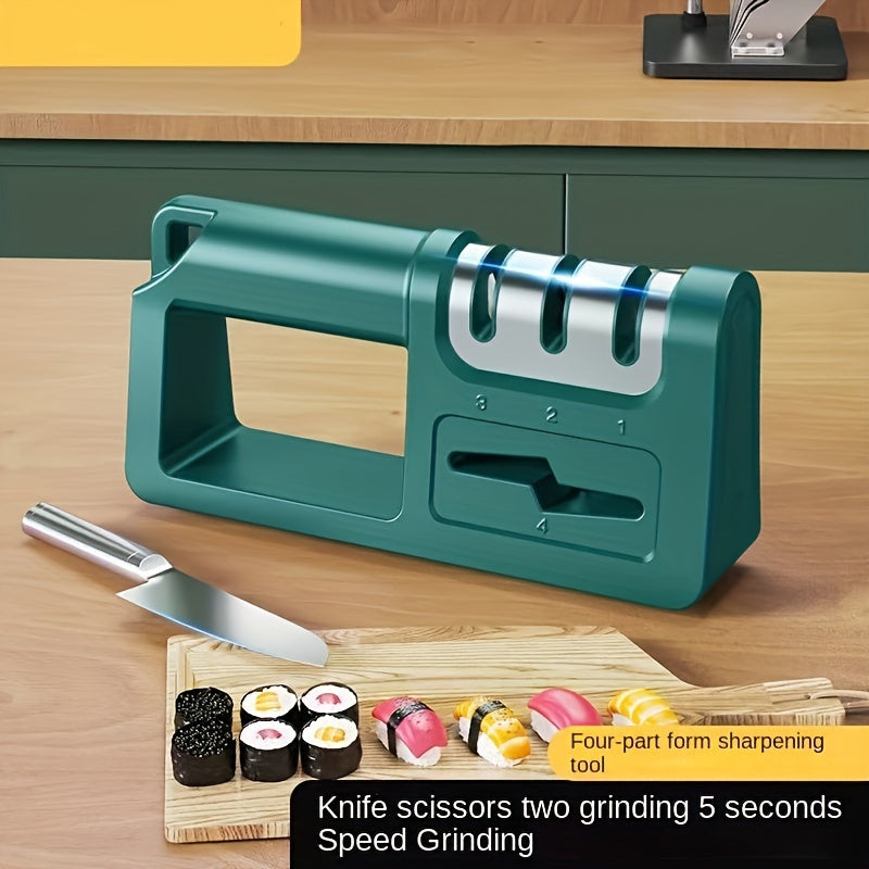 New 4-in-1 diamond knife sharpener for quick, manual sharpening of kitchen knives, scissors, and blades.