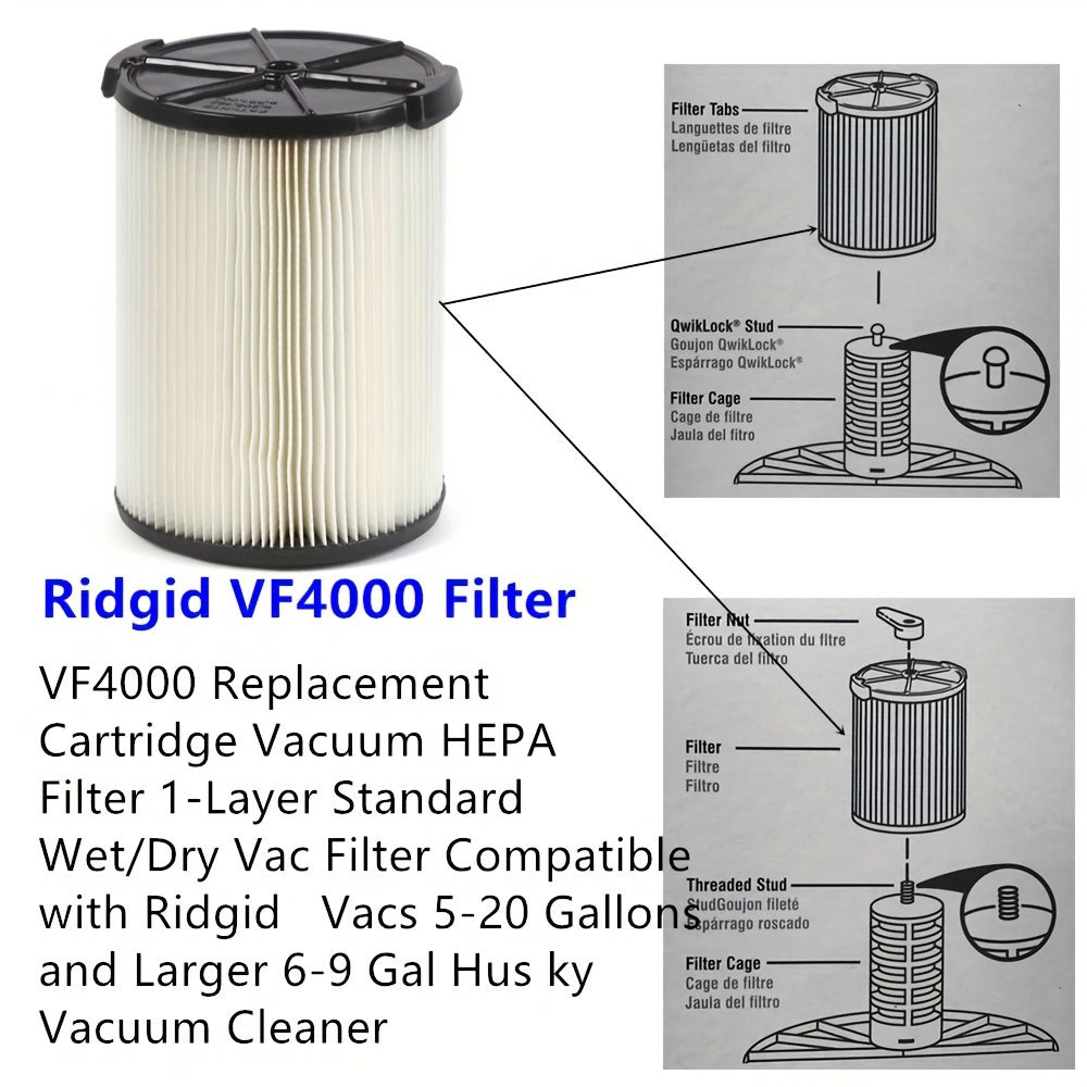 1 unit of VF4000 Replacement Cartridge Vacuum HEPA Filter, designed with a 1-layer standard wet/dry vac filter that is compatible with RIDGID Vacs of sizes 5-20 gallons (18-75L) and larger, as well as 6-9 gallon Husky vacuum cleaners. Comes in a pack.