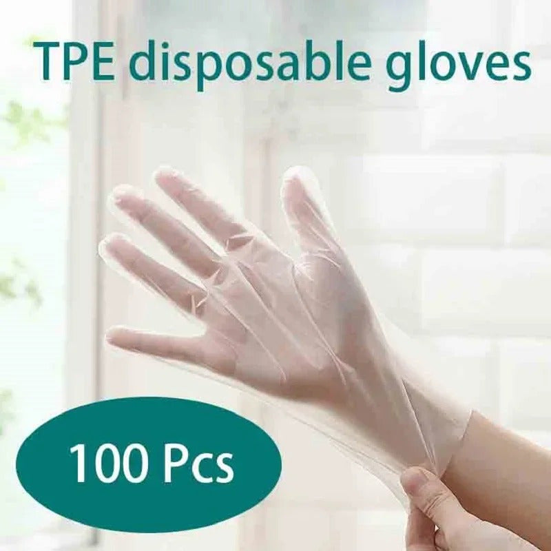 100 pieces of Food Grade TPE Disposable Gloves - Durable, Clear & Oil-Resistant for Kitchen Cleaning, Pet Care & Beyond