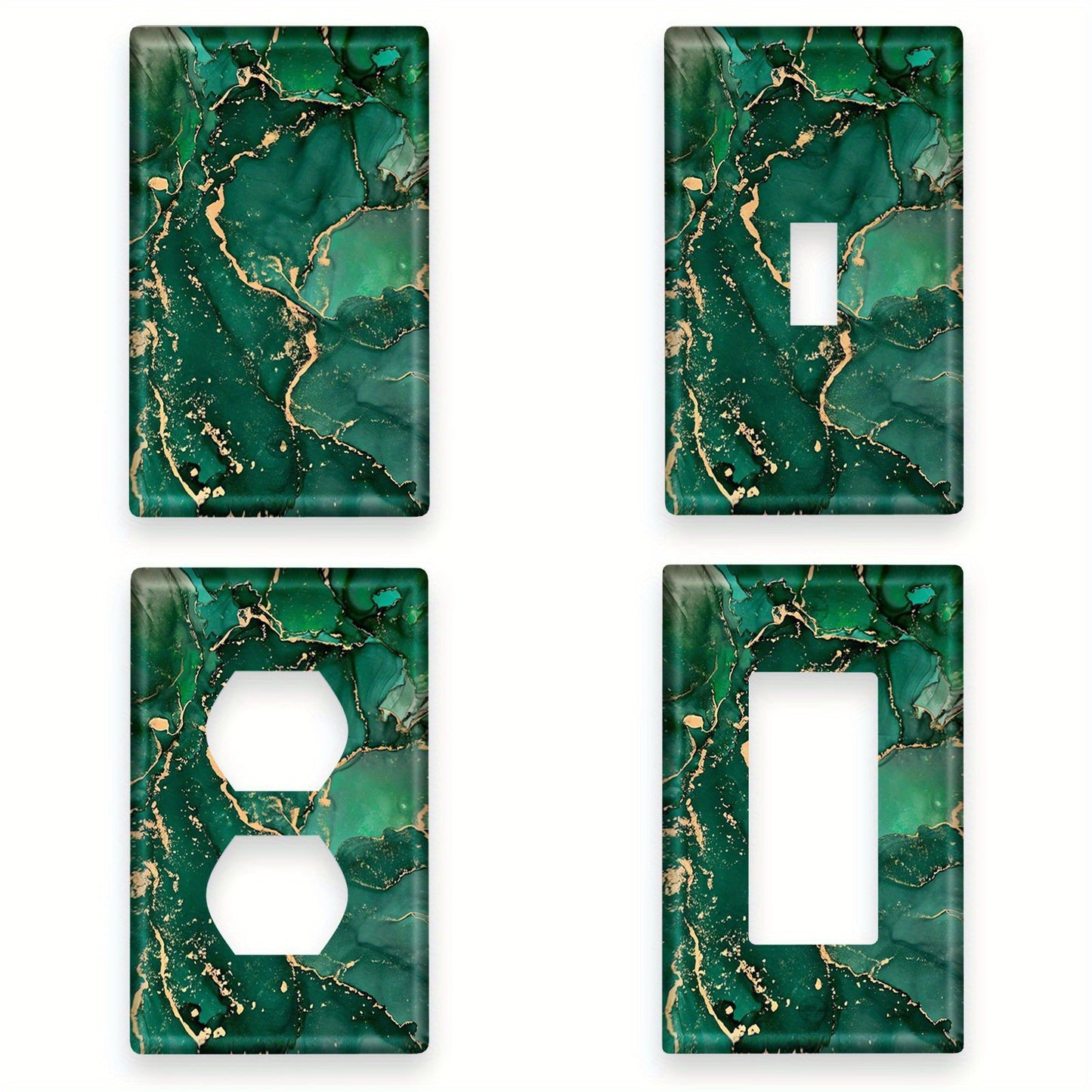 Decorative marble light switch cover in green and gold, easy screw-in installation, no power required, perfect for kitchens and bathrooms.