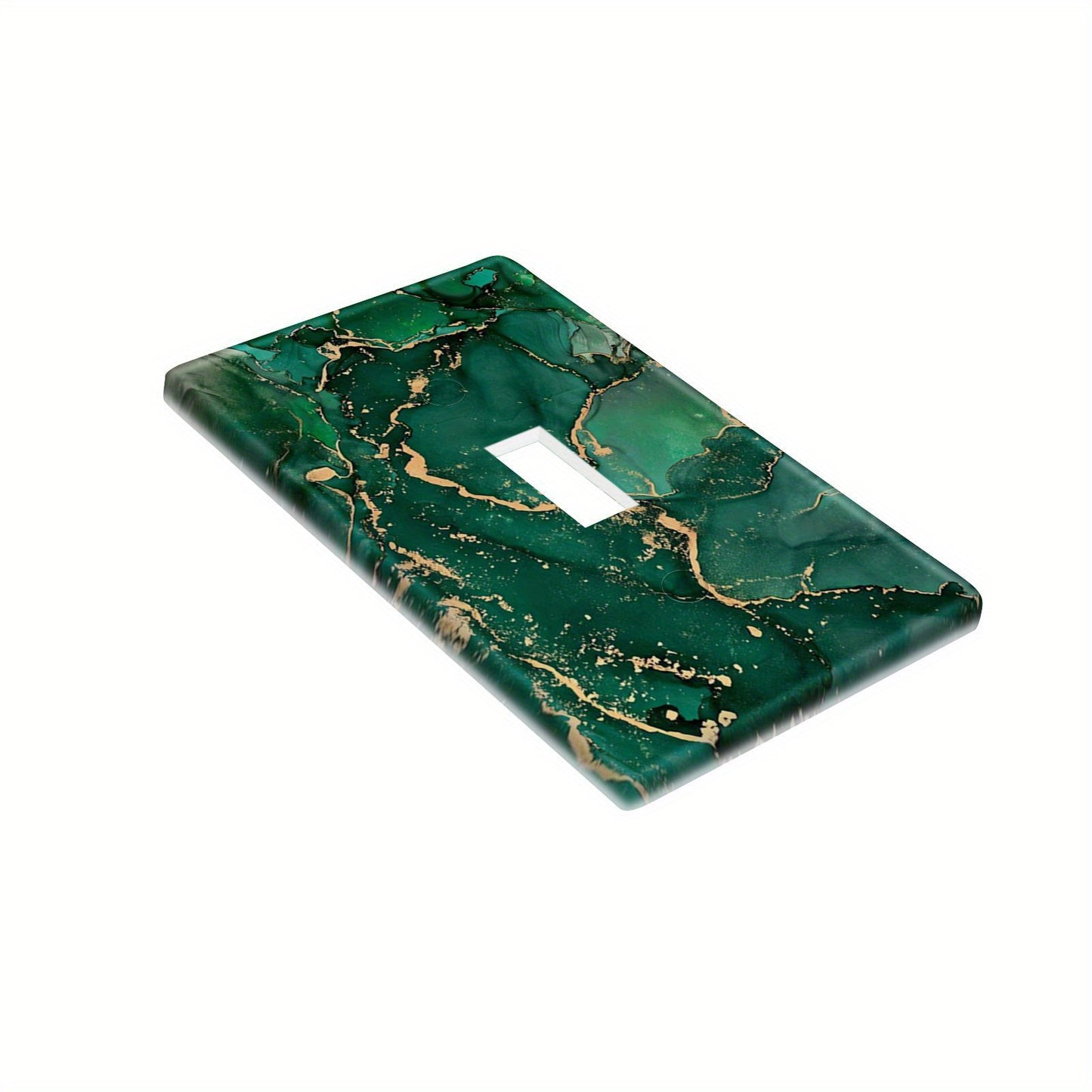 Decorative marble light switch cover in green and gold, easy screw-in installation, no power required, perfect for kitchens and bathrooms.