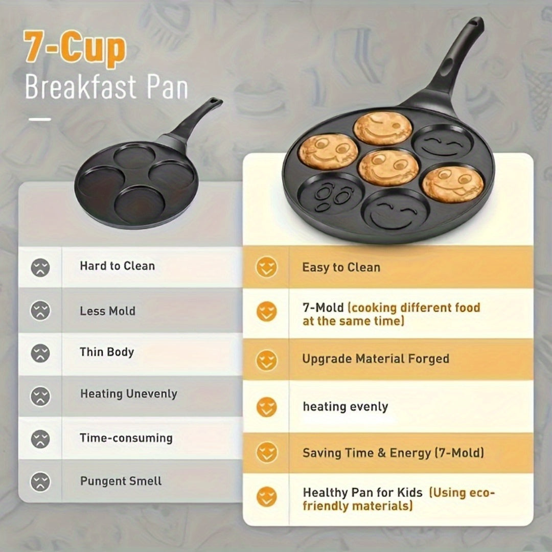 Mini pancakes made easy with the Joyful Face Mini Pancake Pan! Featuring 7 fun designs, this non-stick aluminum skillet is perfect for creating the perfect breakfast or brunch. Dishwasher safe and ideal for parties and birthdays.