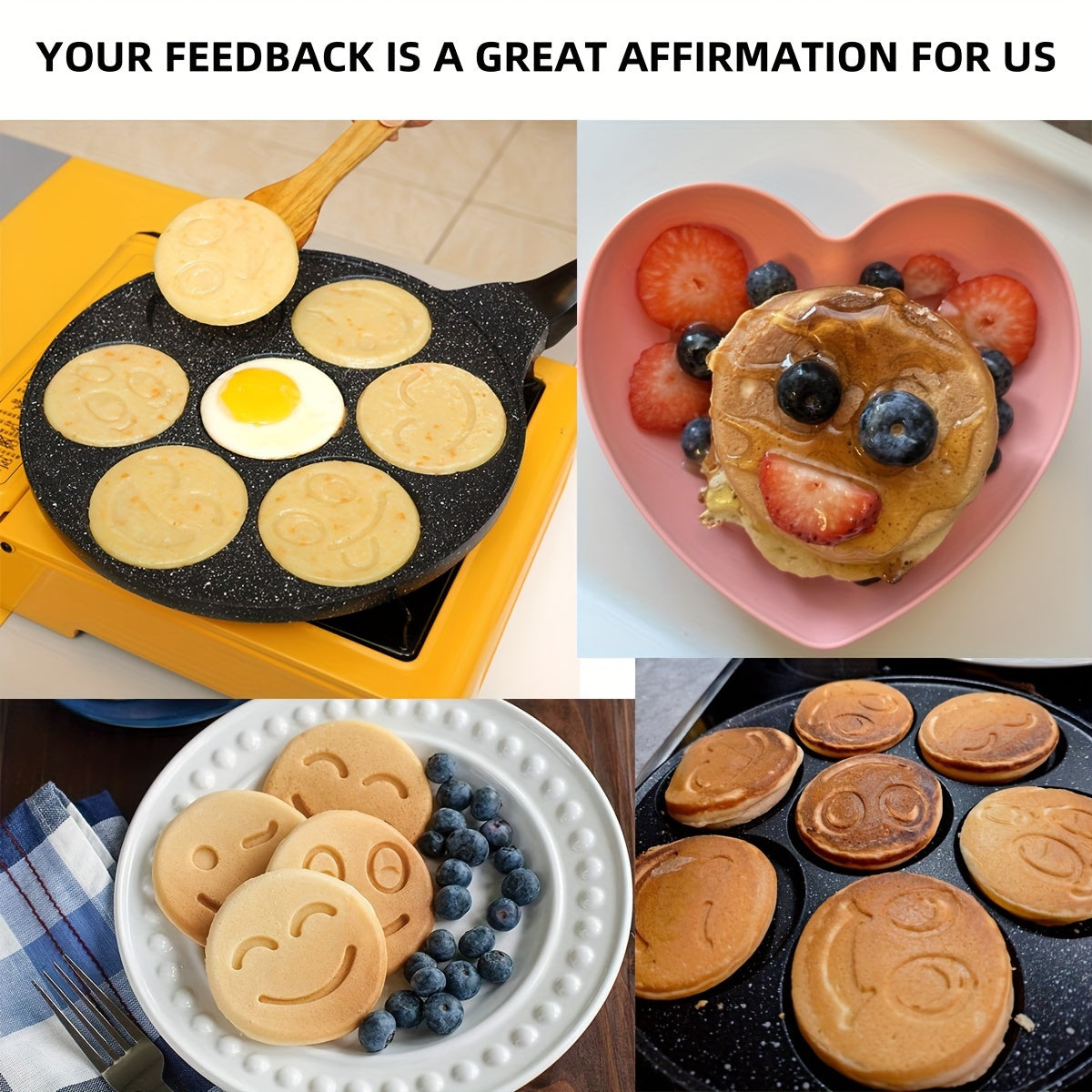 Mini pancakes made easy with the Joyful Face Mini Pancake Pan! Featuring 7 fun designs, this non-stick aluminum skillet is perfect for creating the perfect breakfast or brunch. Dishwasher safe and ideal for parties and birthdays.