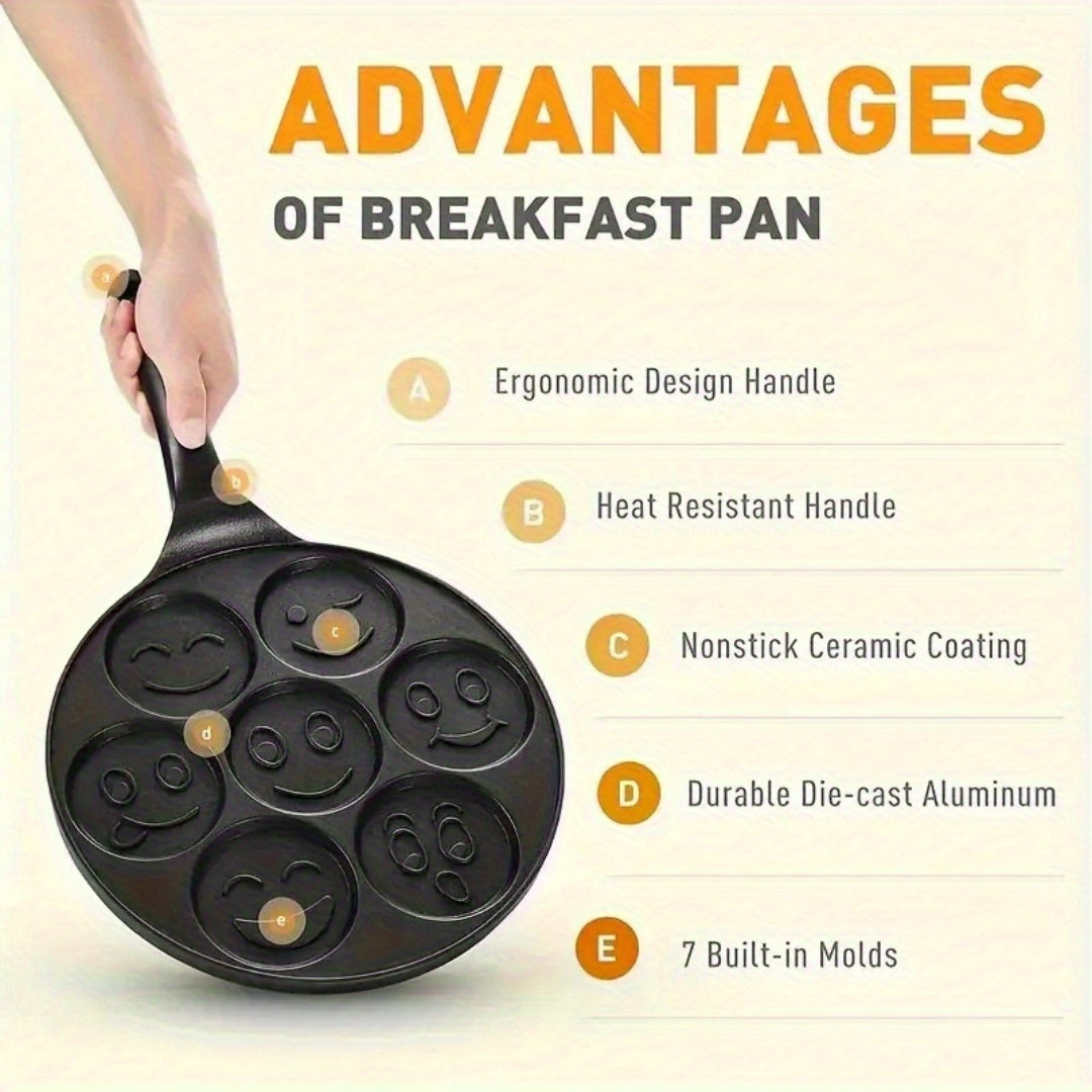 Mini pancakes made easy with the Joyful Face Mini Pancake Pan! Featuring 7 fun designs, this non-stick aluminum skillet is perfect for creating the perfect breakfast or brunch. Dishwasher safe and ideal for parties and birthdays.