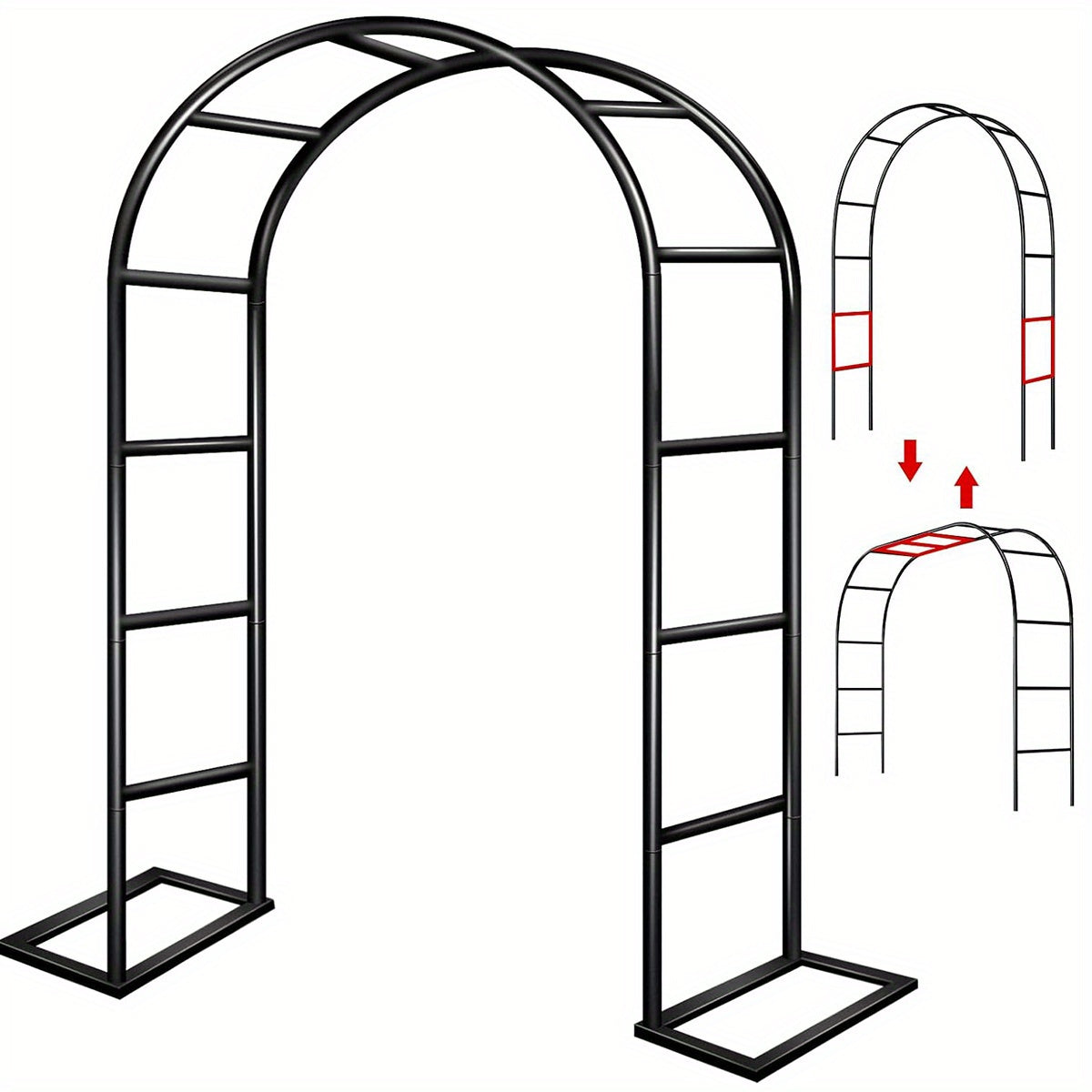 Durable black metal garden arch for plants and balloons with heavy steel support.