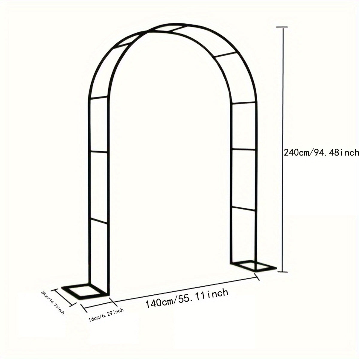 Durable black metal garden arch for plants and balloons with heavy steel support.