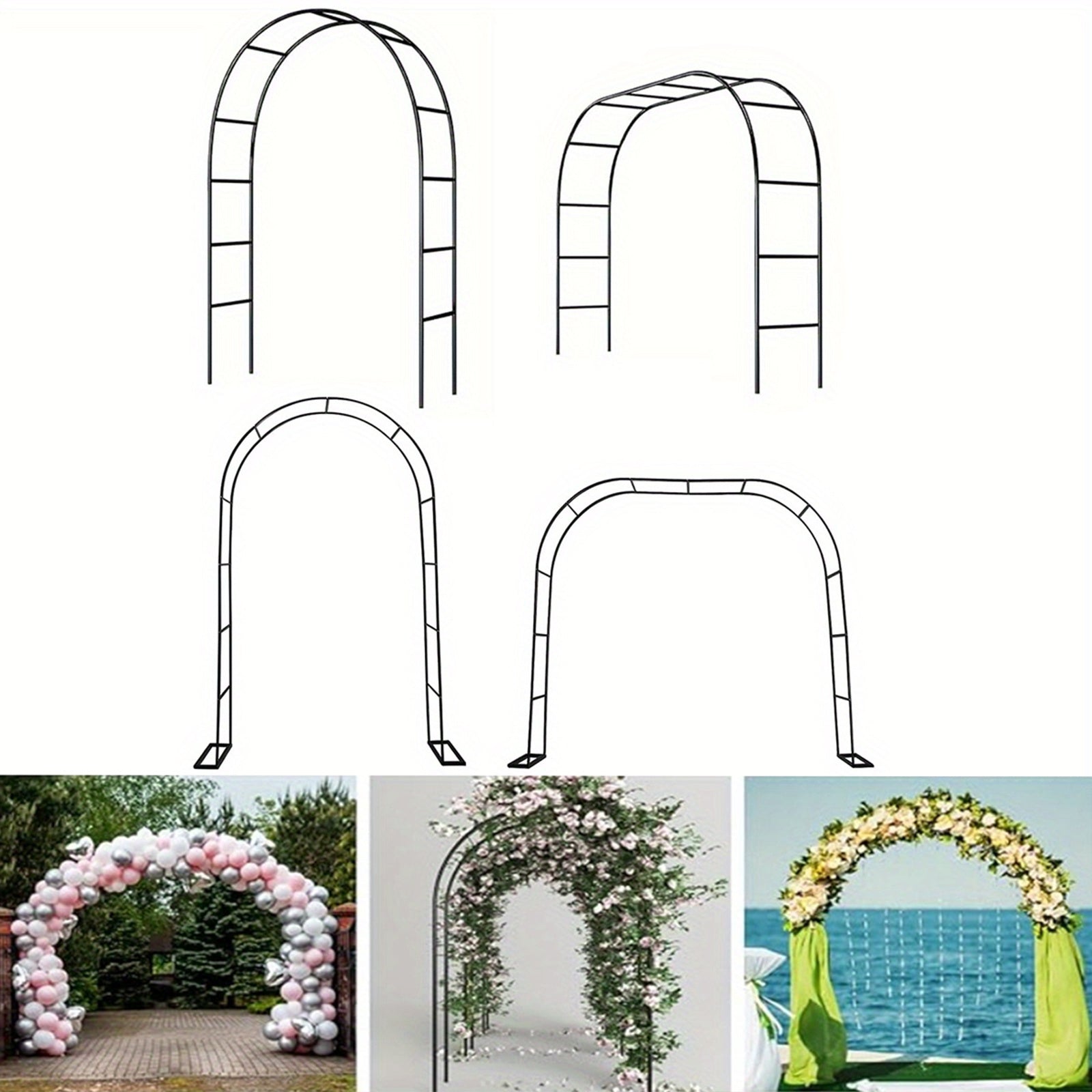 Durable black metal garden arch for plants and balloons with heavy steel support.