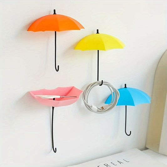 6 colorful umbrella wall hooks with adhesive backing for keys and towels, ideal for bedroom decor and organization.