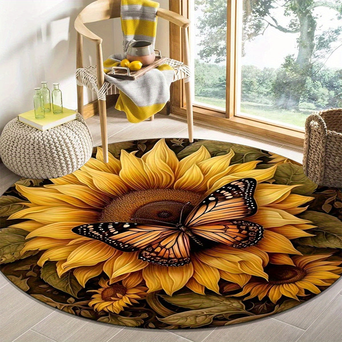 Round Anti-Slip Area Rug with Butterfly and Sunflower Design - Stain Resistant, Washable Polyester Doormat for Living Room or Bedroom Decor, Vibrant Floral and Butterfly Detail