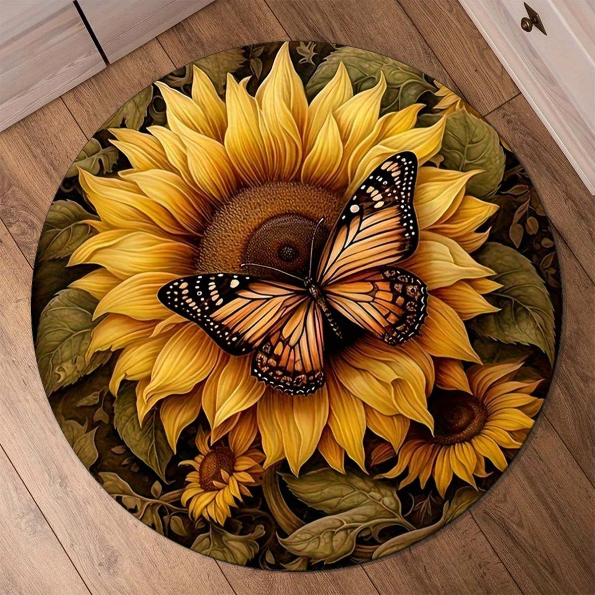 Round Anti-Slip Area Rug with Butterfly and Sunflower Design - Stain Resistant, Washable Polyester Doormat for Living Room or Bedroom Decor, Vibrant Floral and Butterfly Detail