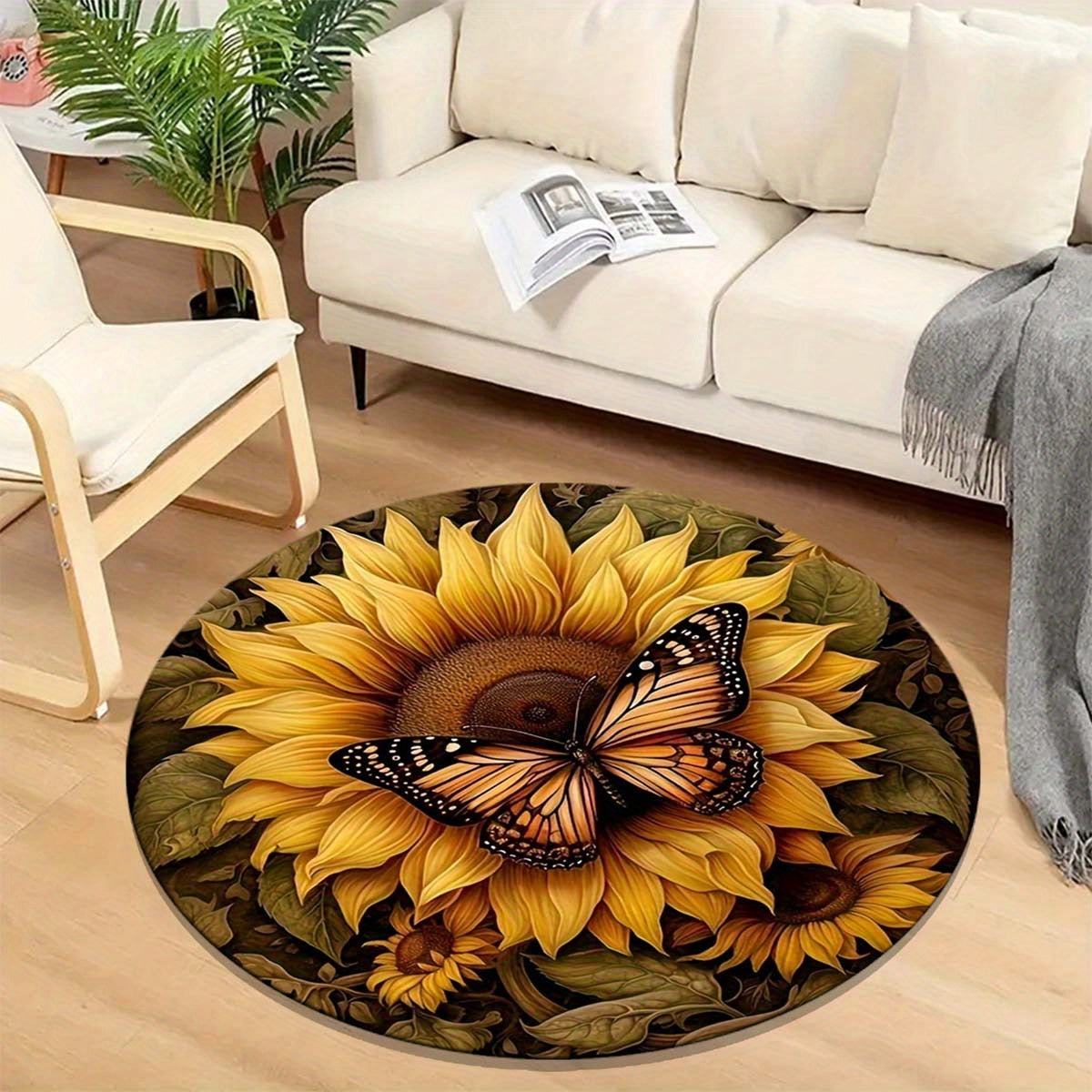 Round Anti-Slip Area Rug with Butterfly and Sunflower Design - Stain Resistant, Washable Polyester Doormat for Living Room or Bedroom Decor, Vibrant Floral and Butterfly Detail