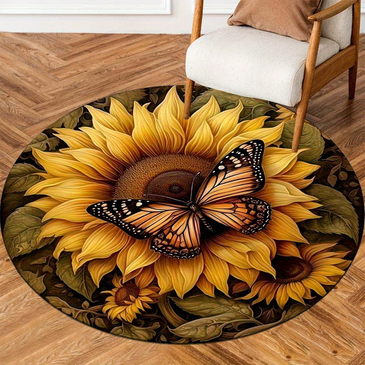 Round Anti-Slip Area Rug with Butterfly and Sunflower Design - Stain Resistant, Washable Polyester Doormat for Living Room or Bedroom Decor, Vibrant Floral and Butterfly Detail