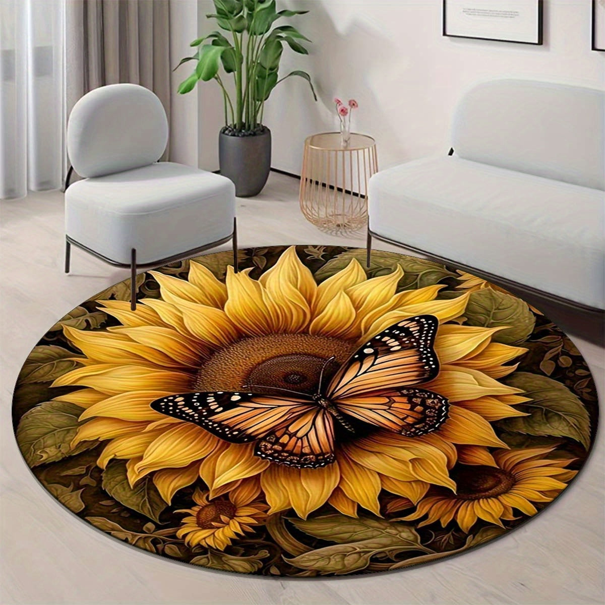 Round Anti-Slip Area Rug with Butterfly and Sunflower Design - Stain Resistant, Washable Polyester Doormat for Living Room or Bedroom Decor, Vibrant Floral and Butterfly Detail