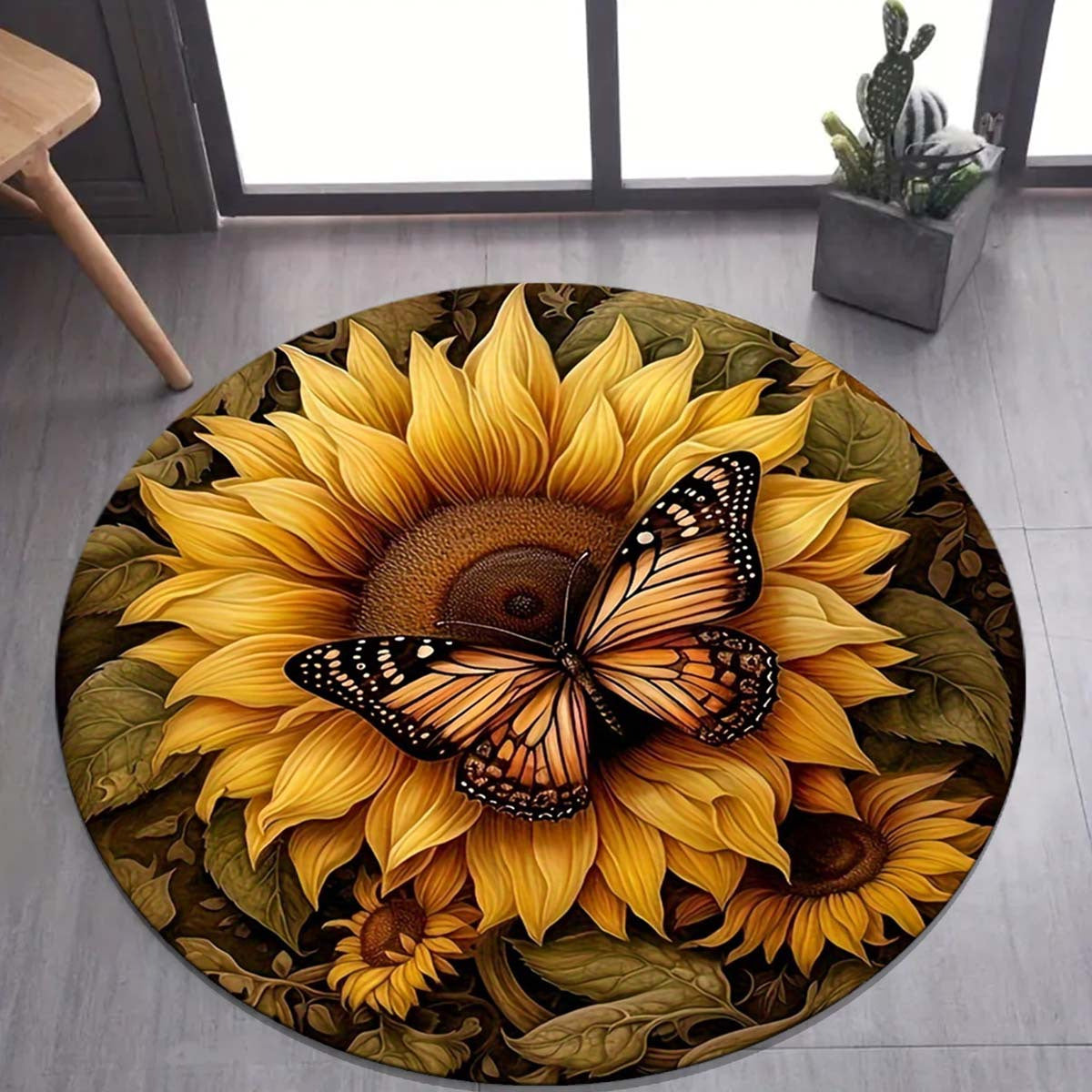 Round Anti-Slip Area Rug with Butterfly and Sunflower Design - Stain Resistant, Washable Polyester Doormat for Living Room or Bedroom Decor, Vibrant Floral and Butterfly Detail