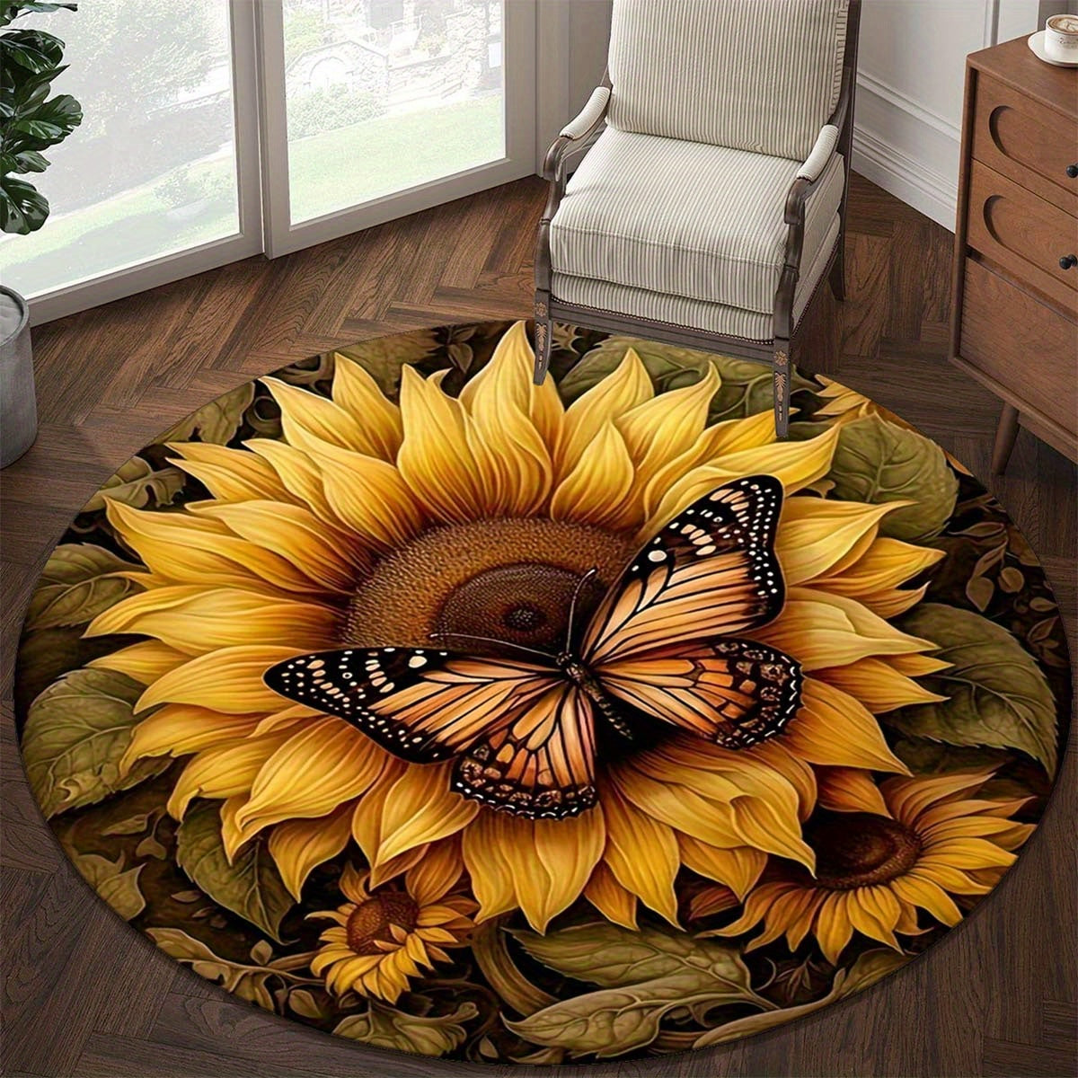 Round Anti-Slip Area Rug with Butterfly and Sunflower Design - Stain Resistant, Washable Polyester Doormat for Living Room or Bedroom Decor, Vibrant Floral and Butterfly Detail