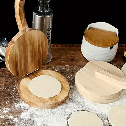 Multipurpose wooden dough press with non-stick roller for various foods like tortillas, dumplings, burgers, and pies. Durable kitchen tool with handle.