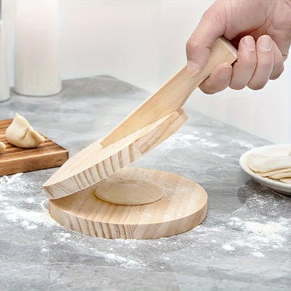 Multipurpose wooden dough press with non-stick roller for various foods like tortillas, dumplings, burgers, and pies. Durable kitchen tool with handle.