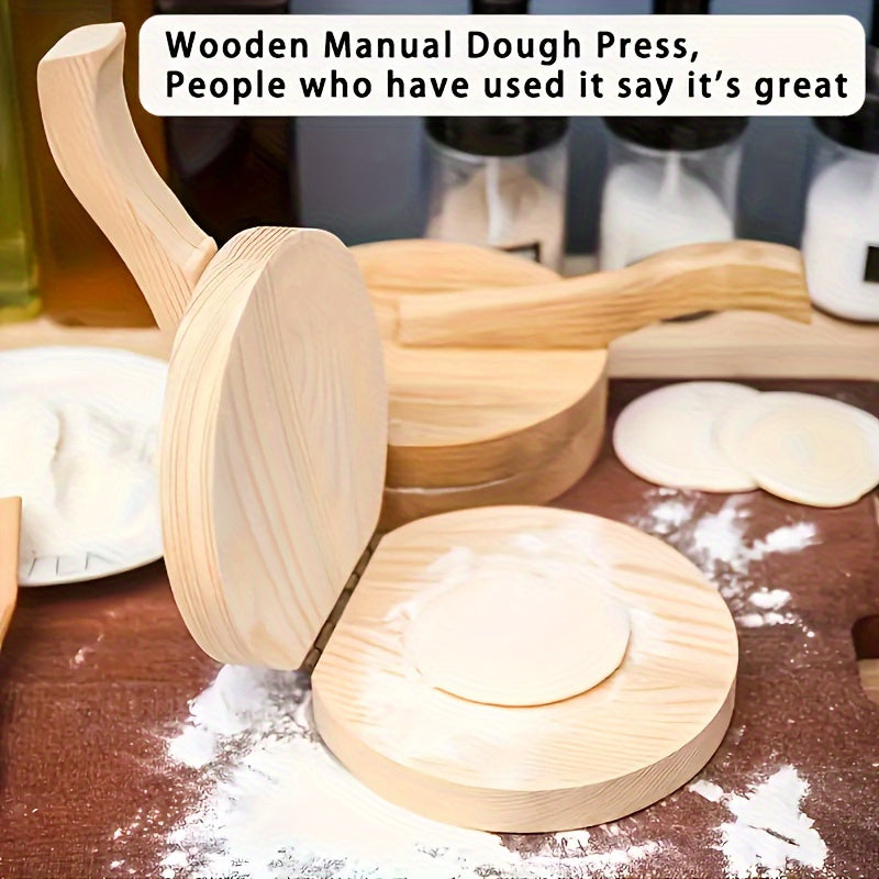 Multipurpose wooden dough press with non-stick roller for various foods like tortillas, dumplings, burgers, and pies. Durable kitchen tool with handle.